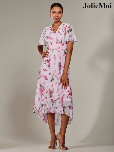 Jolie Moi Pink Angel Sleeve Pleated Chiffon Maxi Dress (F62188) | R$ 740