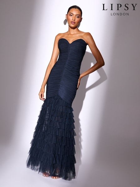 Lipsy Navy Premium Mesh Fishtail Bandeau Maxi Prom Dress (F62207) | €212