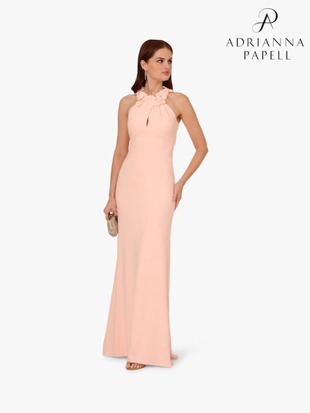 Adrianna Papell Pink Rosette Halter Crepe Gown (F62214) | €361