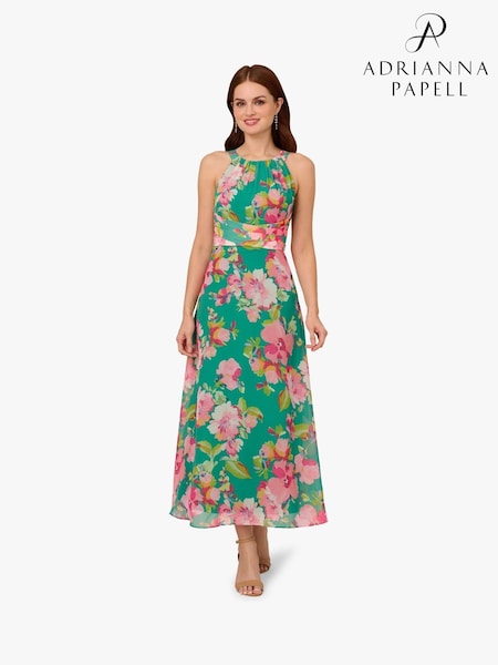 Adrianna Papell Green Floral Chiffon Halter Dress (F62217) | ₪850