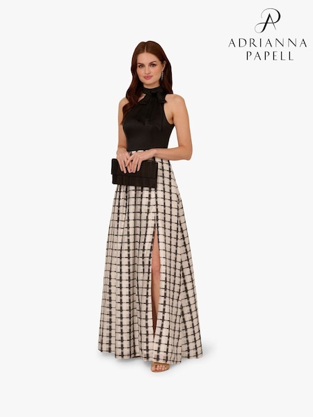 Adrianna Papell Plaid Combo Black Gown (F62218) | OMR141
