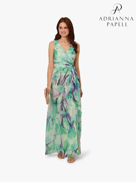 Adrianna Papell Green Draped Floral Chiffon Gown (F62228) | ₪1,001