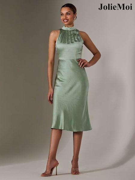 Jolie Moi Green Satin Halter Neck Midi Dress (F62242) | €96