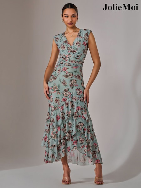 Jolie Moi Light Green Sleeveless Ruffle Midi Dress (F62246) | 371 QAR
