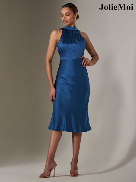 Синий - Jolie Moi Satin Halter Neck Midi Dress (F62247) | €90