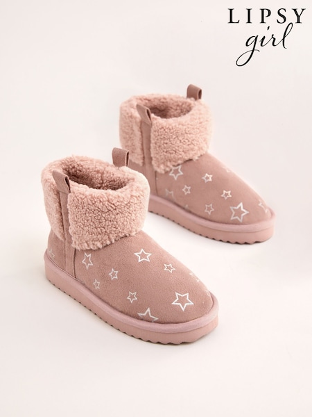 Lipsy Pink Standard Fit (F) Faux Shearling Lined Print Pull On Bootie Slippers (F62291) | AED105 - AED128