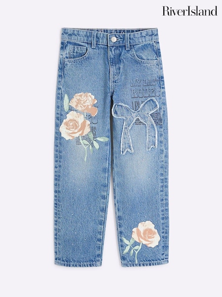 River Island Girls Blue Rose Graffiti Straight 100% Cotton Jeans (F62303) | 209 LEI