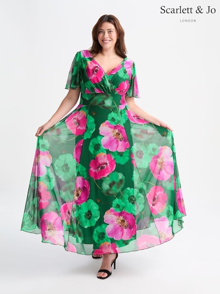 Scarlett & Jo Dark Green Curve Isabelle Angel Sleeve Maxi Dress (F62389) | 470 QAR