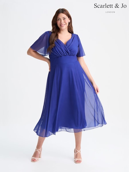 Scarlett & Jo Blue Victoria Angel Sleeve Mesh Midi Long Dress (F62392) | 396 QAR