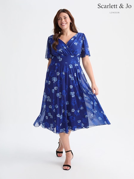 כחול כהה - Scarlett & Jo Curve Rose Angel Sleeve Mesh Midi Dress (F62398) | ‏427‏₪