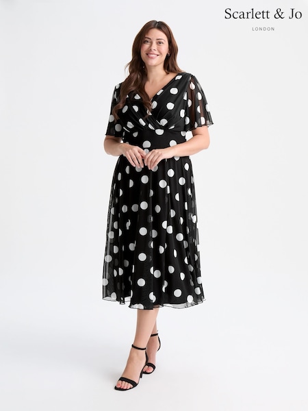 Черный - Scarlett & Jo Victoria Spot Print Angel Sleeve Mesh Midi Dress (F62399) | €113