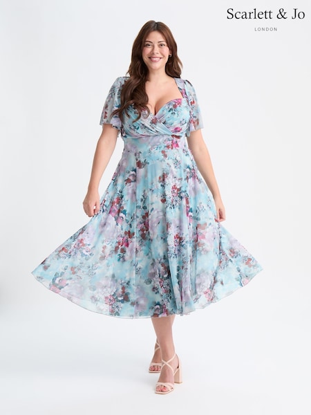 כחול  - Scarlett & Jo Liz Grey Multi Bolero Wrap Bodice Midi Dress (F62403) | ‏478‏₪
