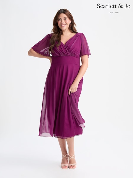 Scarlett & Jo Solid Magenta Victoria Angel Sleeve Mesh Midi Long Dress (F62406) | 396 QAR