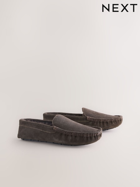 Brown Suede Faux Fur Lined Moccasin Slippers (F62410) | SGD 62