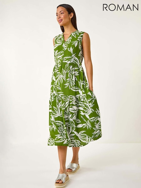 Roman Green Leaf Print Tie Midi Dress (F62435) | €60