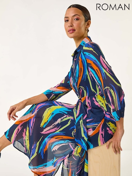 Roman Blue Abstract Print Tie Front Shirt Dress (F62444) | 287 QAR