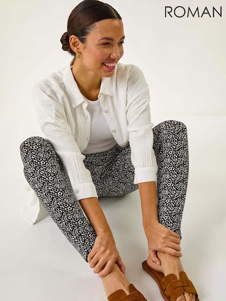 Roman Black Animal Print Hareem Stretch Straight Trousers (F62446) | €40