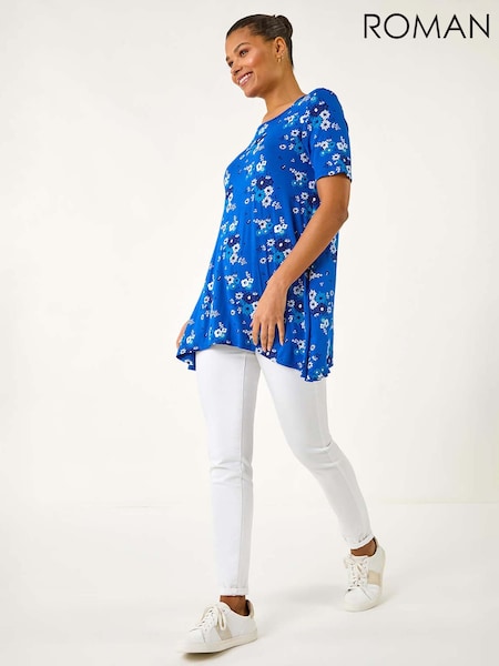 Roman Blue Floral Print Hanky Hem Tunic Top (F62447) | R$ 385