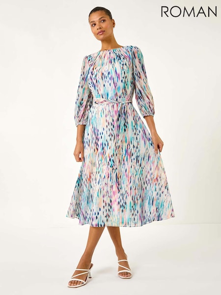 Roman White Blurred Print Pleat Neck Midi Dress (F62451) | €76