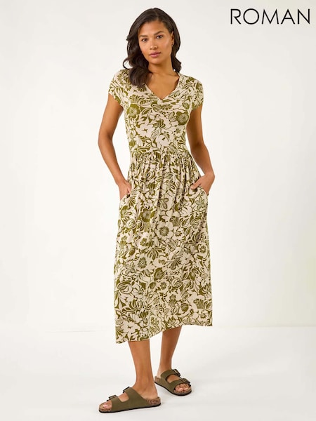Roman Green Floral Print Ruched Stretch Midi Dress (F62454) | €60