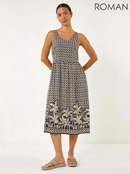 Roman Black Palm Border Strap Midi Sundress (F62463) | €58