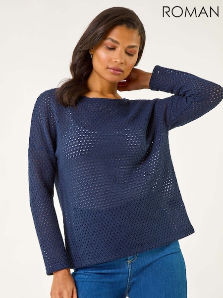 Roman Blue Crochet Cotton Jersey Top (F62464) | R$ 385