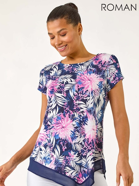 Roman Pink Textured Floral Print Asymmetric Top (F62466) | R$ 385