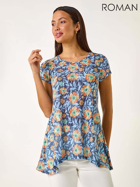 Roman Blue Floral Burnout Print Tunic Top (F62470) | R$ 385