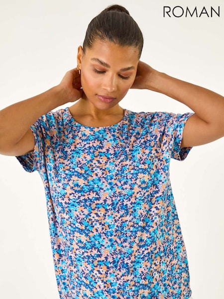 Roman Blue 100% Cotton Floral Print Tie Hem Top (F62476) | R$ 385