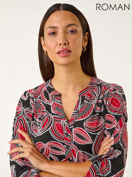 Roman Red Textured Leaf Print V-Neck Stretch Blouses (F62499) | €53