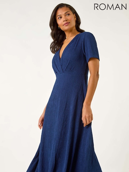 Roman Blue Textured Wrap Bodice Midi Dress (F62501) | 223 QAR