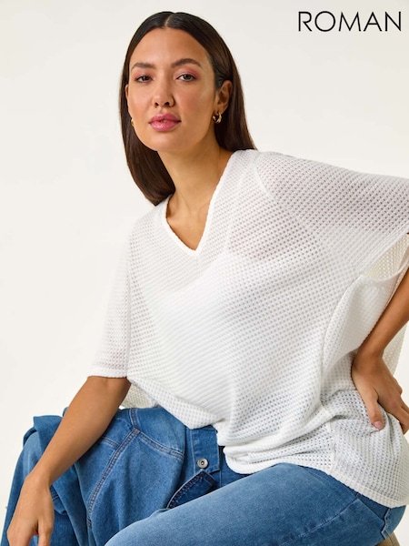 Roman White Textured Snit Cocoon Top (F62513) | €51