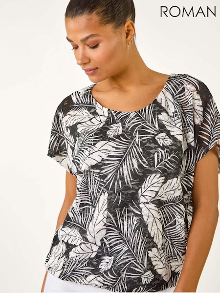 Roman Black Leaf Print Lace Bubble Hem Top (F62516) | €55
