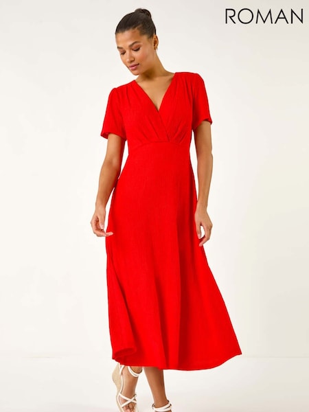 Roman Red Textured Wrap Bodice Midi Dress (F62519) | 223 QAR