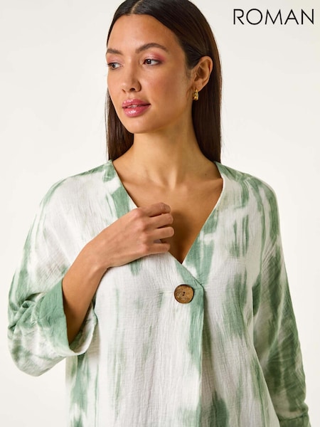ירוק - Roman 100% Cotton Tie Dye Button Detail Top (F62527) | ‏226‏₪