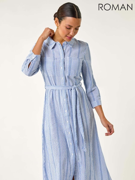 Roman Blue Textured Stripe Belted Shirt 100% Cotton Dress (F62528) | €79