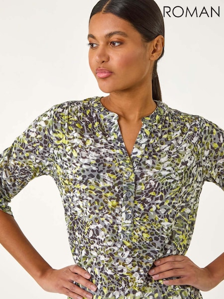 Roman Yellow Animal Print Burnout V-Neck Shirt (F62570) | €56