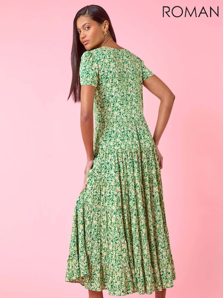 Roman Green Floral Print Ruched Sleeve Midi Dress (F62590) | € 86