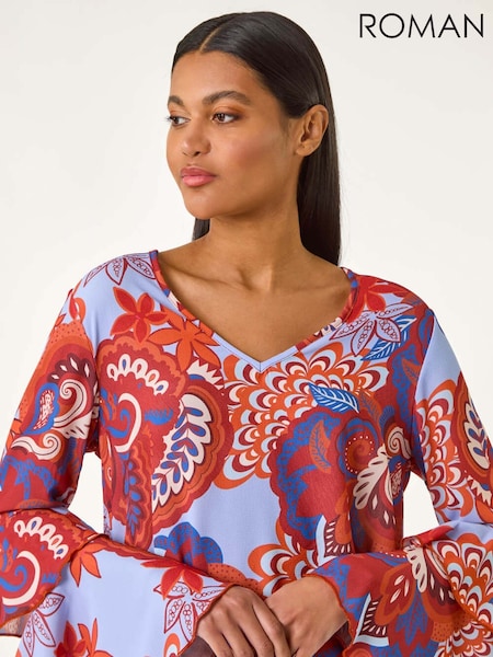 Roman Brown Paisley Print Flared Sleeve Top (F62594) | 208 QAR