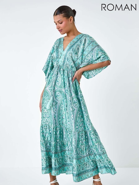 Roman Green Tie Back Tassel Detail Tiered Dress (F62599) | ₪427