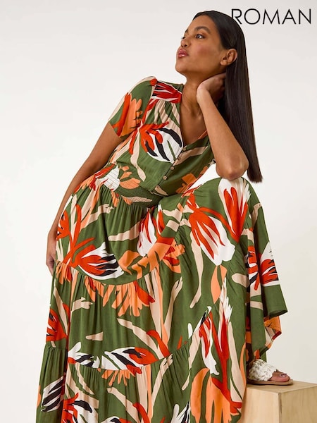 Roman Green Leaf Print Tiered Maxi Dress (F62611) | €63
