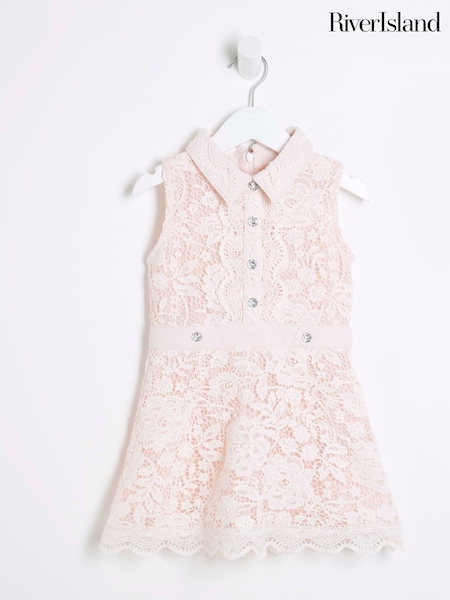River Island Pink Light Girls Lace Collar Shirt Dress (F62921) | 178 QAR