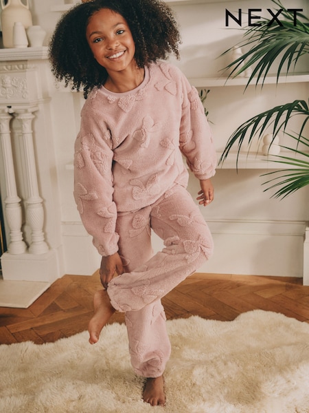 Pink Bow Fleece Jacquard Pyjamas Set  2 Piece (2-16yrs) (F63014) | AED86 - AED122