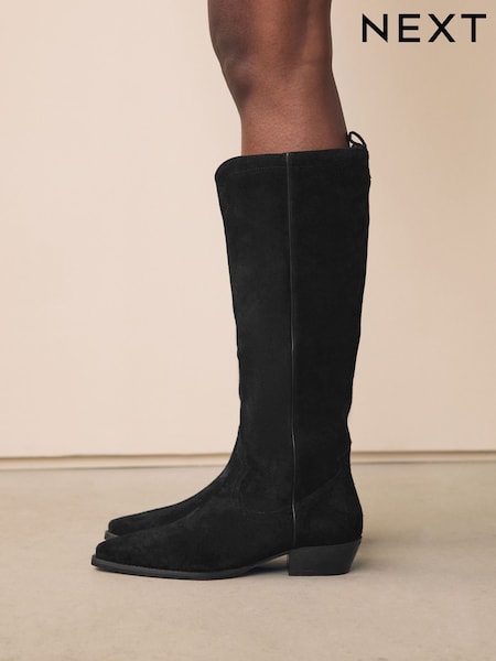 Black Suede Leather Mix Forever Comfort® Knee High Contrast Western Boots (F63021) | €98