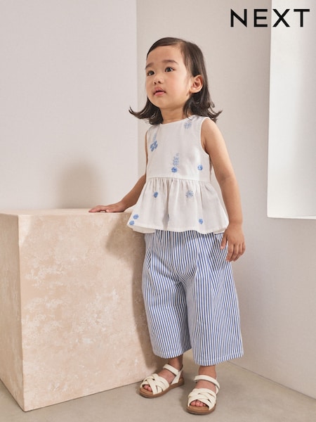 Blue/White Embroidered Blouse and Trousers Co-ord Set (3mths-8yrs) (F63134) | AED112 - AED142