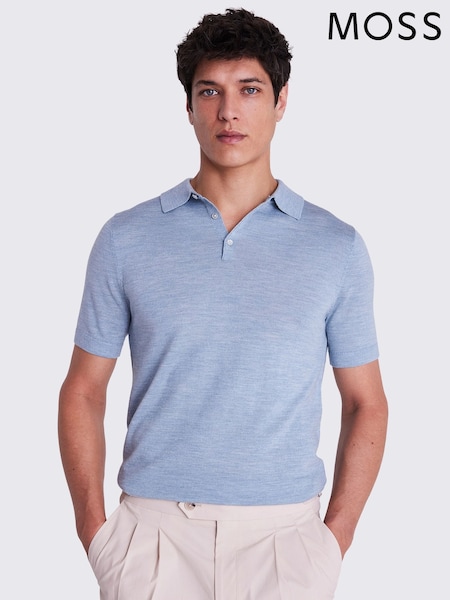 MOSS Blue Merino Knitted Polo Shirt (F63171) | AED291