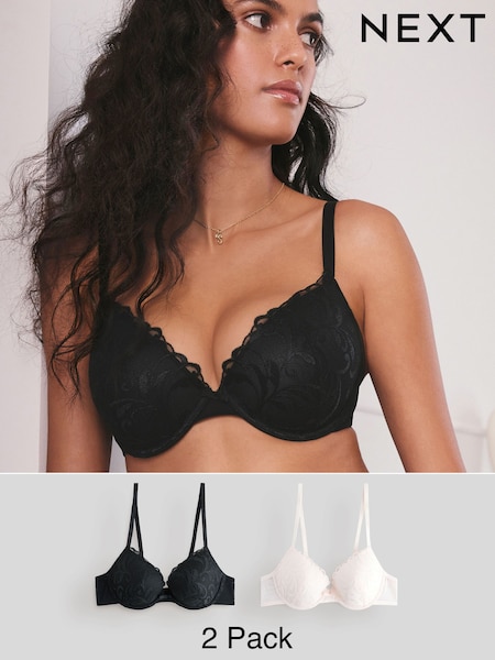Black/Cream Pad Plunge Embroidered Bras 2 Pack (F63181) | €39