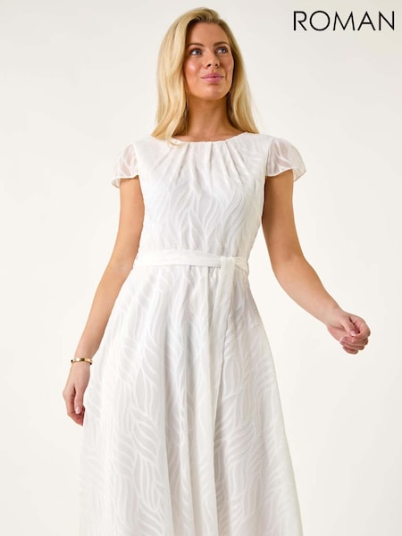 Roman White Petite Gathered Neck Jacquard Dress (F63183) | €93