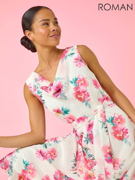 Roman White Petite Floral Cowl Neck Midi Dress (F63209) | $129
