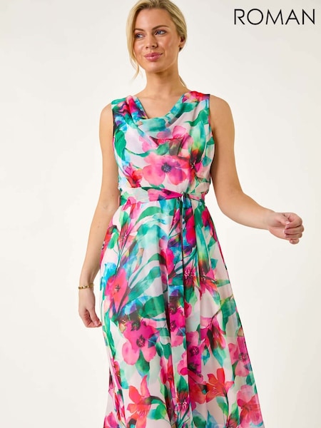 Roman Pink Petite Floral Cowl Neck Midi Dress (F63227) | €77